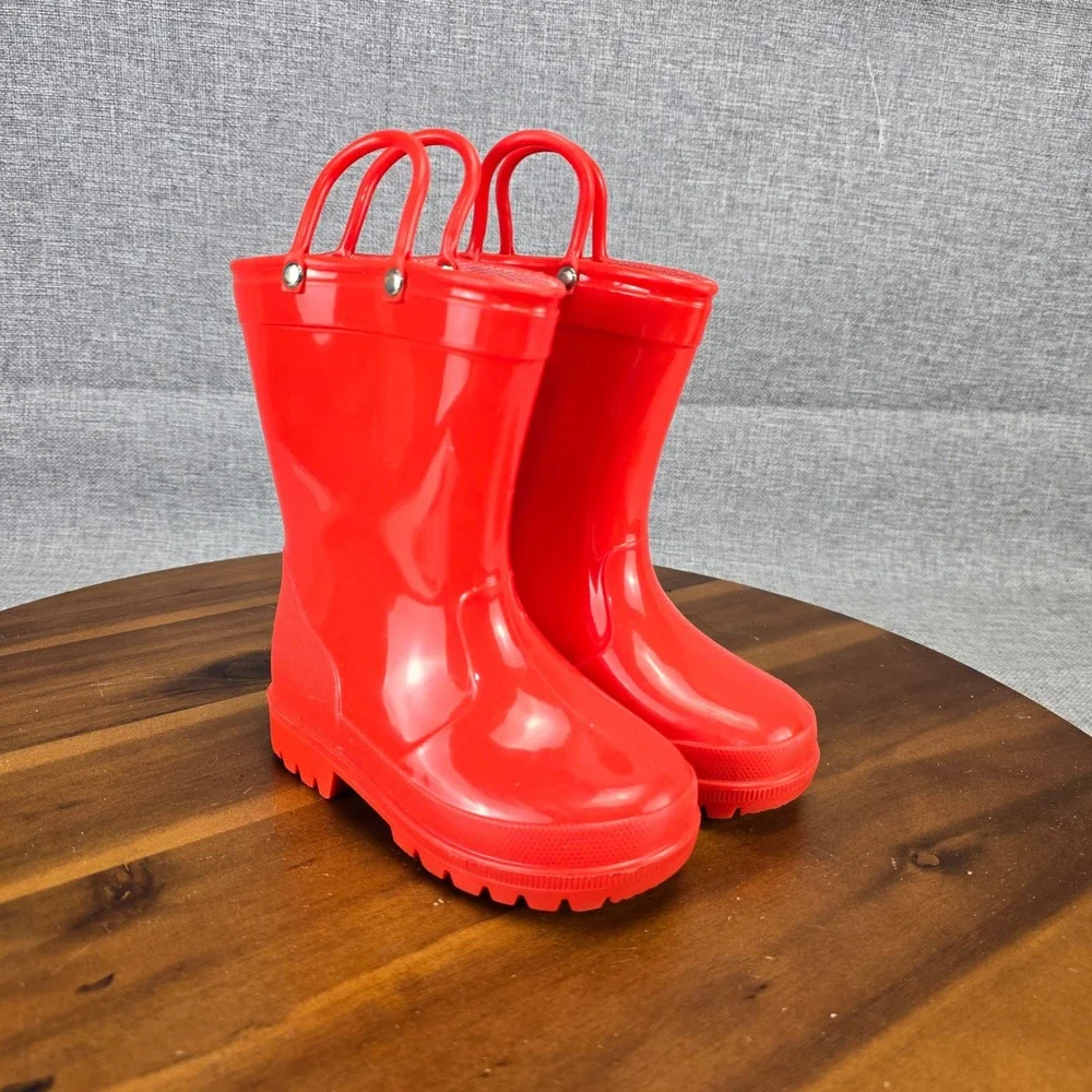 Red Toddler Rain Boots Size 8 Waterproof Pull On Handles Glossy Rubber Boots - Picture 12 of 13